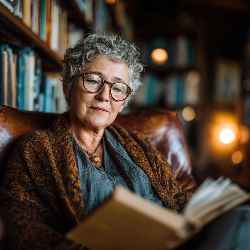 Senior person with glasses reading book in comfortable home library setting, demonstrating healthy reading habits and proper lighting for eye care
