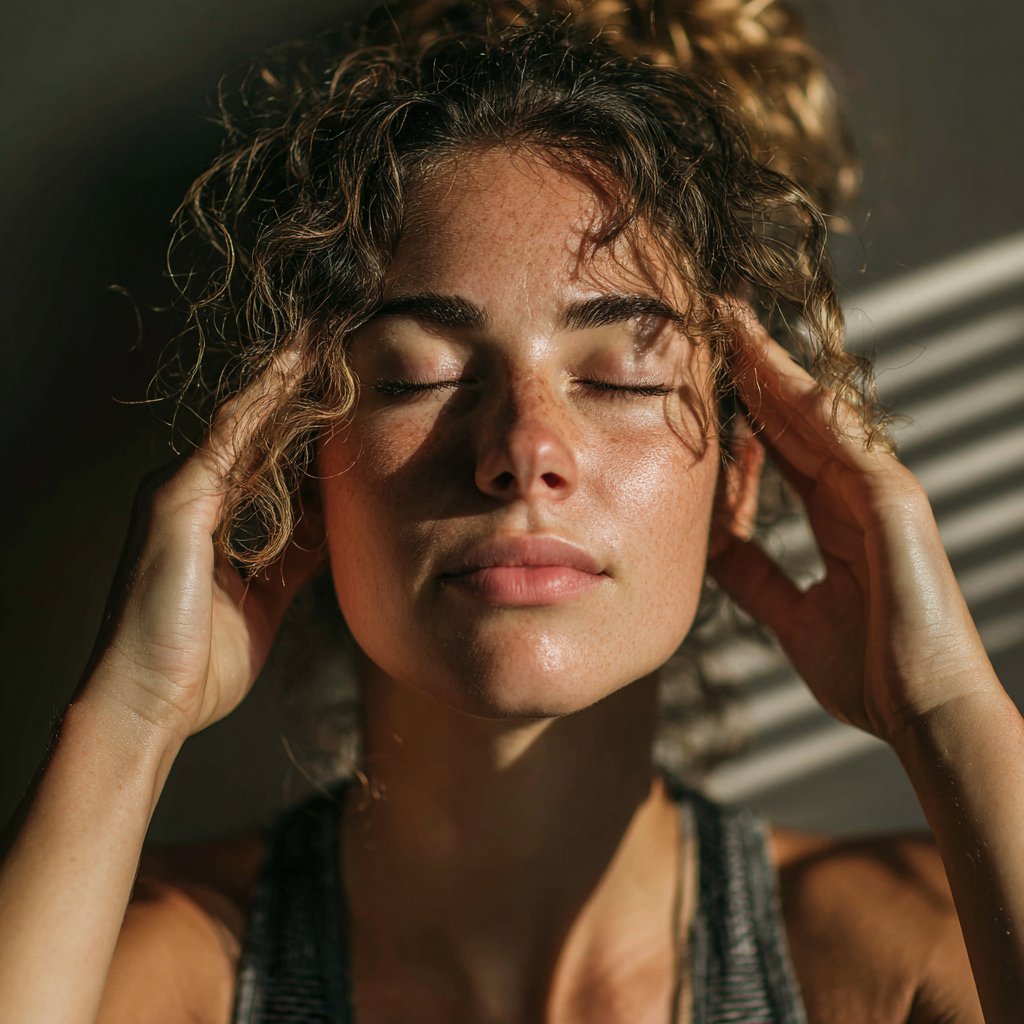 Woman practicing eye exercises in natural light, sitting peacefully with hands gently placed near her eyes in a meditation pose