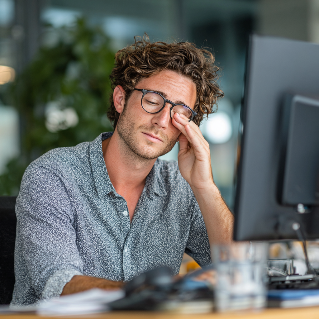 Young professional doing eye exercises at computer workstation, demonstrating proper posture and eye care techniques in modern office environment